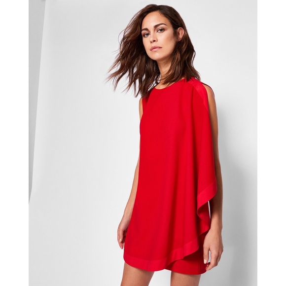 🌹 Ted Baker London, Bolty Bright Red Asymmetrical Side-Draped Tunic Dress - Picture 4 of 16